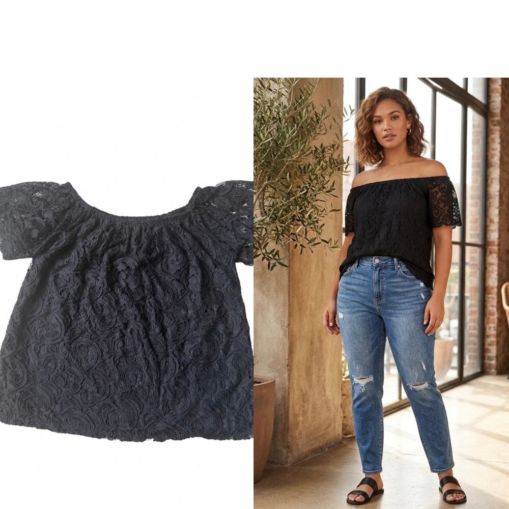 Maurices Black Floral Lace Off-the-Shoulder Short Sleeve Blouse